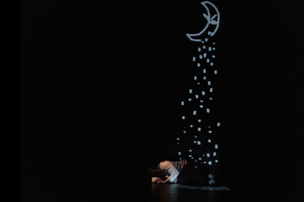 Pilar Murube – La noche que no llega Pilar Murube in einer nächtlichen Bühnenszene aus „La noche que no llega“ mit projiziertem Mond und Sternen.